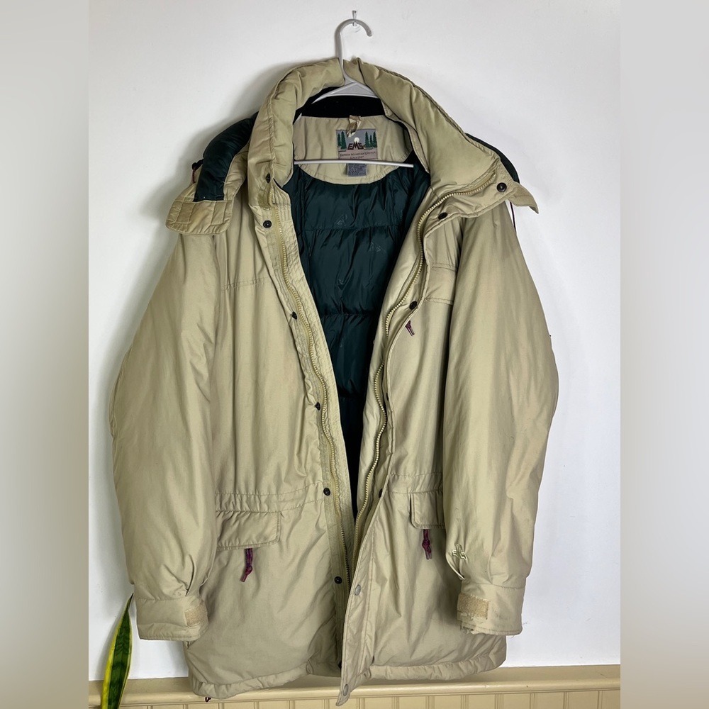 Vintage EMS Goose Down Parka XXL Hooded Beige Green Y2K Ski Winter Outerwear - Picture 7 of 16